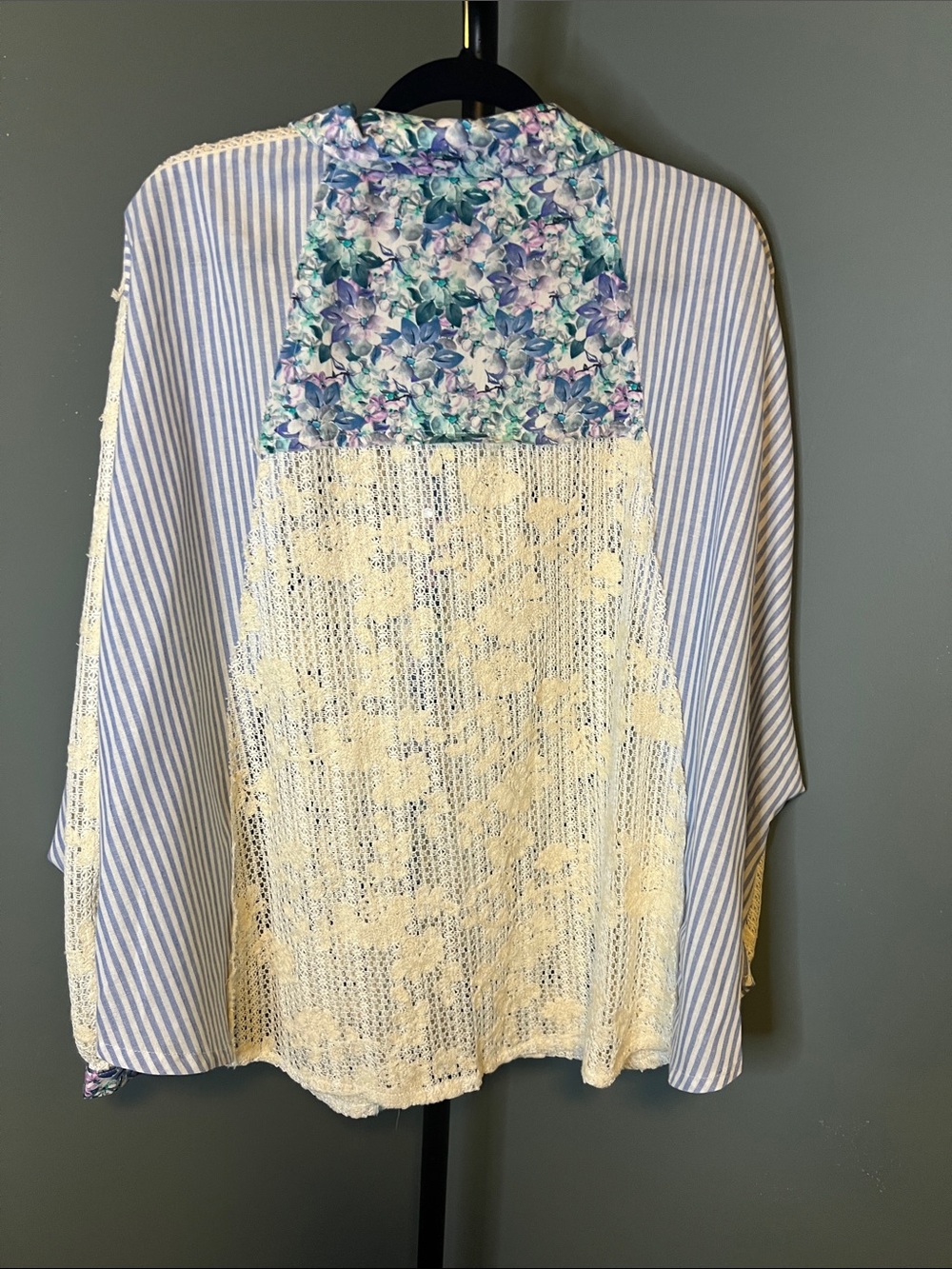 POL Cream Crochet Button-Up with Blue Floral Trim and Stripes - Picture 5 of 5